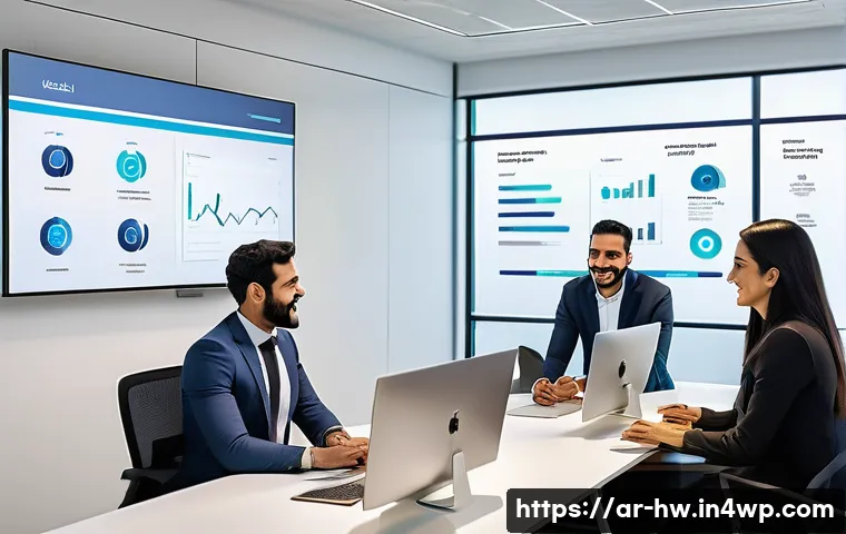 성장 구간 파악을 위한 협업 도구 활용 - **Prompt:** A dynamic, bright, and modern office setting with a diverse team of professionals (men a...