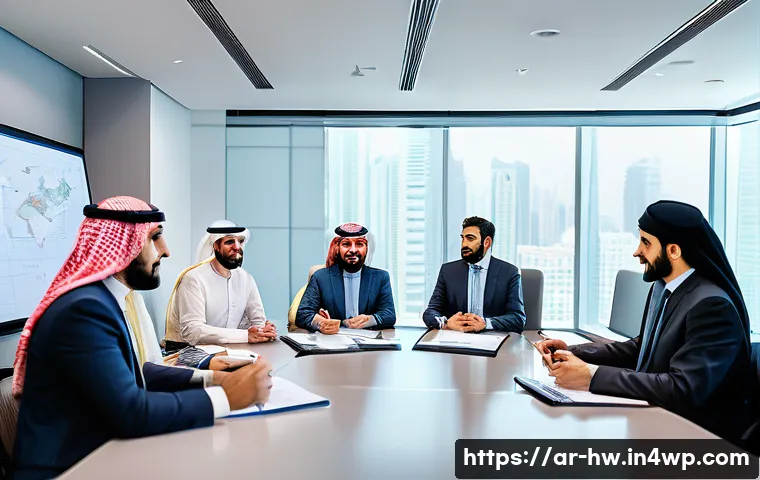 최적 성장 구간을 위한 이해관계자 관리 - A professional Middle Eastern business meeting scene in a modern conference room, featuring diverse ...