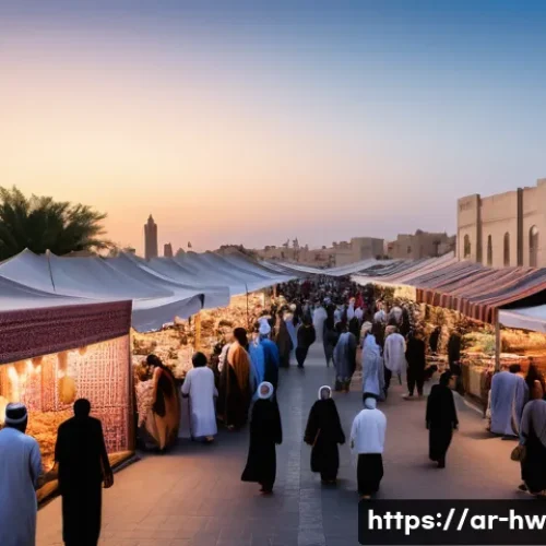 성장 구간에 따른 가격 전략 설정 - A modern Middle Eastern marketplace scene at sunset, featuring diverse Arabic consumers engaging wit...