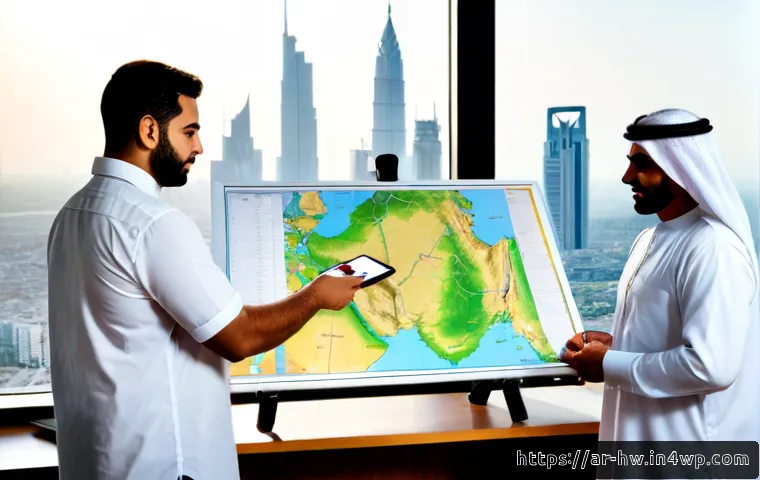 Home 17 최적 성장 구간 파악을 위한 지역 분석 - Photorealistic regional growth analysis meeting in a modern Gulf Arab office, two Arab business prof...